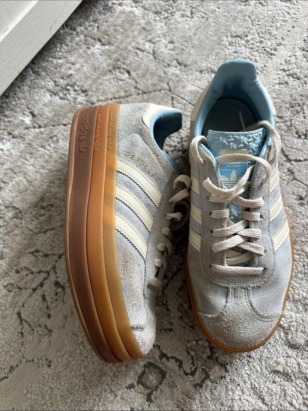 adidas Suede Platform Sneakers in Light Gray, Cream & Gum